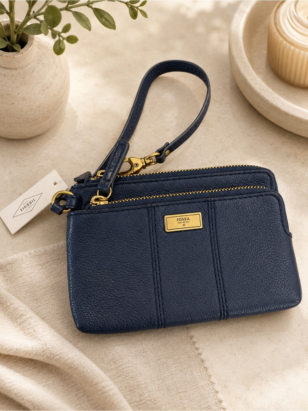 Fossil midnight Navy Wristlet dual Zip NWT